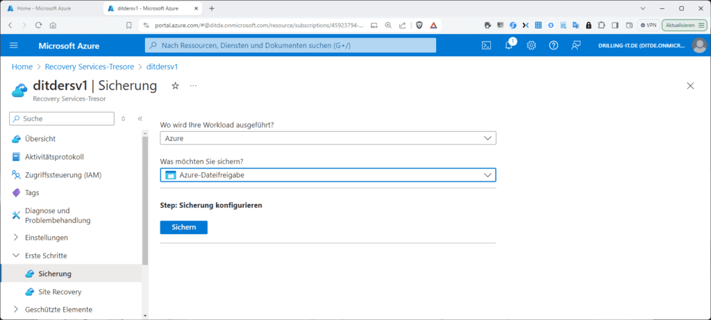 Screenshot des Microsoft Azure-Portals mit einer Backup-Konfiguration, mit Optionen für die Auswahl von Workloads und Speicher.