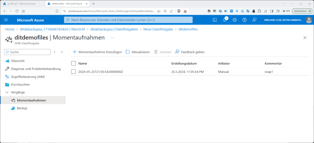 Screenshot eines Microsoft Azure-Portals mit einer Snapshot-Datei namens „snap1“, die am 25.5.2021 erstellt wurde. Verschiedene Menüoptionen sind sichtbar.