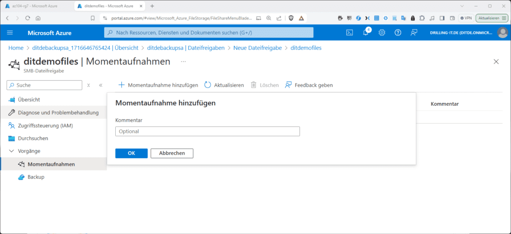 Die Microsoft Azure-Schnittstelle zeigt ein Popup-Fenster zum Hinzufügen eines Snapshot-Kommentars. Zu den Optionen gehören „OK“ und „Abbrechen“.