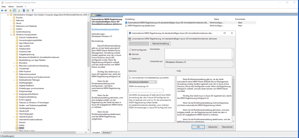 Eine mitgelieferte Administrative Vorlage für das MDM-Onboarding in Intune.