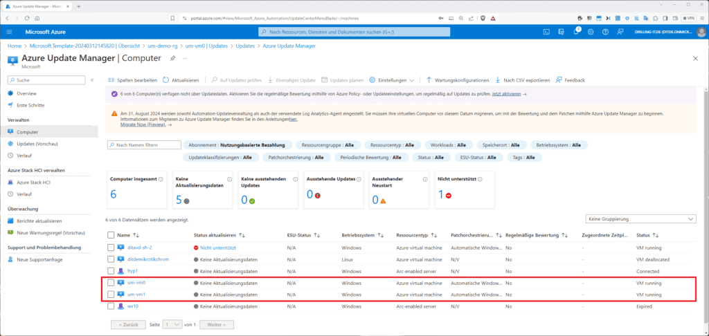 Azure Update Manager-Benutzeroberfläche, die eine Liste von Computern, ihren Aktualisierungsstatus und relevante Details in einem tabellarischen Format anzeigt.