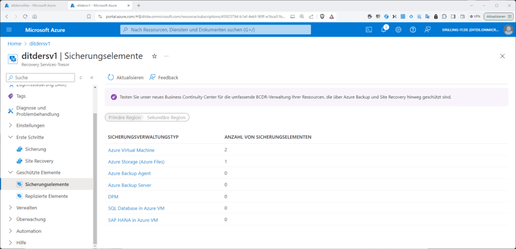 Screenshot eines Microsoft Azure-Portals mit Anzeige der Sicherungselemente, einschließlich Azure Virtual Machine und Azure Backup Agent, sowie der Anzahl der Elemente.