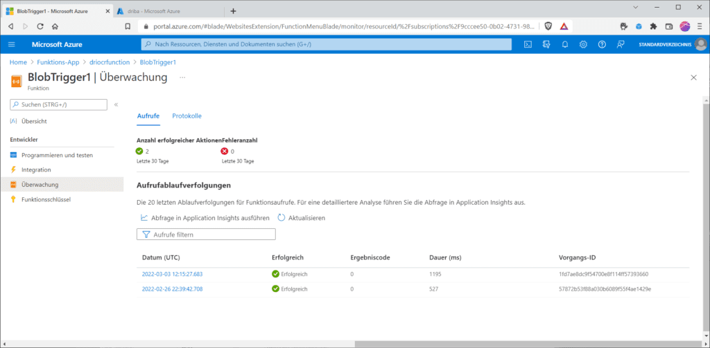 Die Azure-Function wurde erfolgreich ausgeführt.