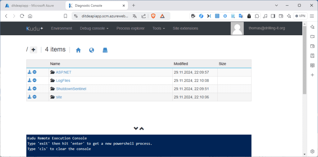 Schnittstelle der Diagnosekonsole mit vier Elementen: ASP.NET, LogFiles, ShutdownSentinel und Site, mit Datum und Uhrzeit der Änderung.