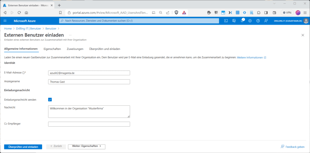 Für das Erstellen eines Gastes wählst du die Option „Benutzer einladen“