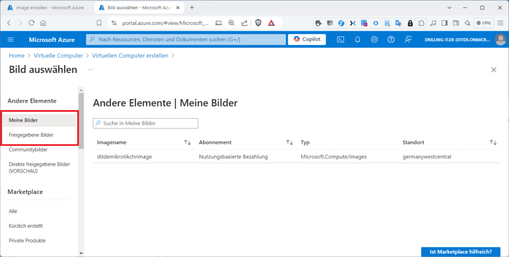 Screenshot des Microsoft Azure-Portals, der den Bereich „Meine Bilder“ mit Optionen für die Bildverwaltung, die Suche und die Abonnements zeigt.