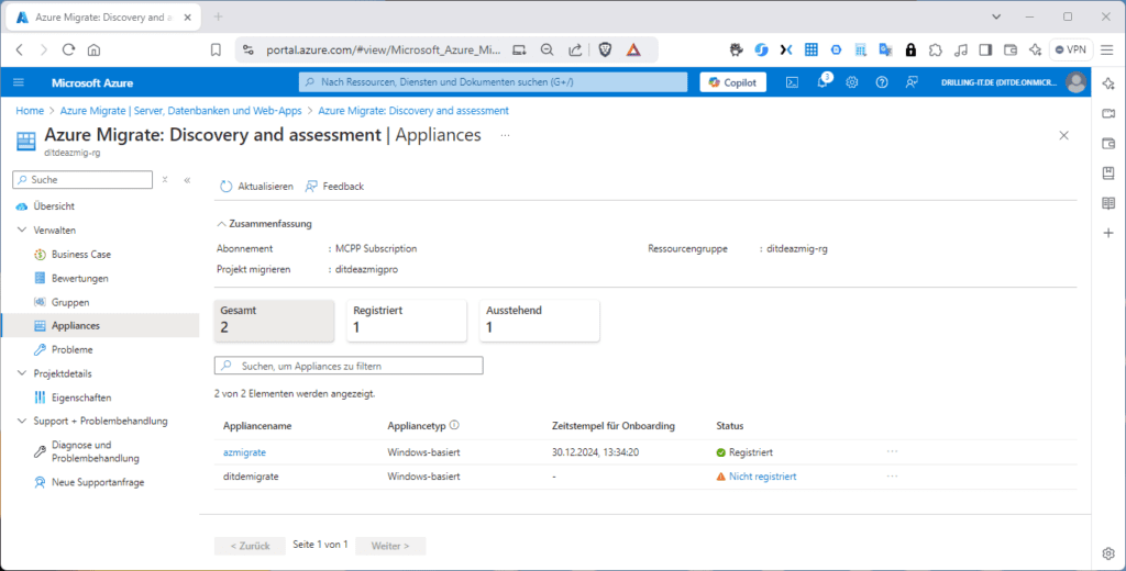 Das Azure Migrate-Portal zeigt die Seite „Discovery and assessment“ für Appliances mit Details zur Registrierung und zum Status.