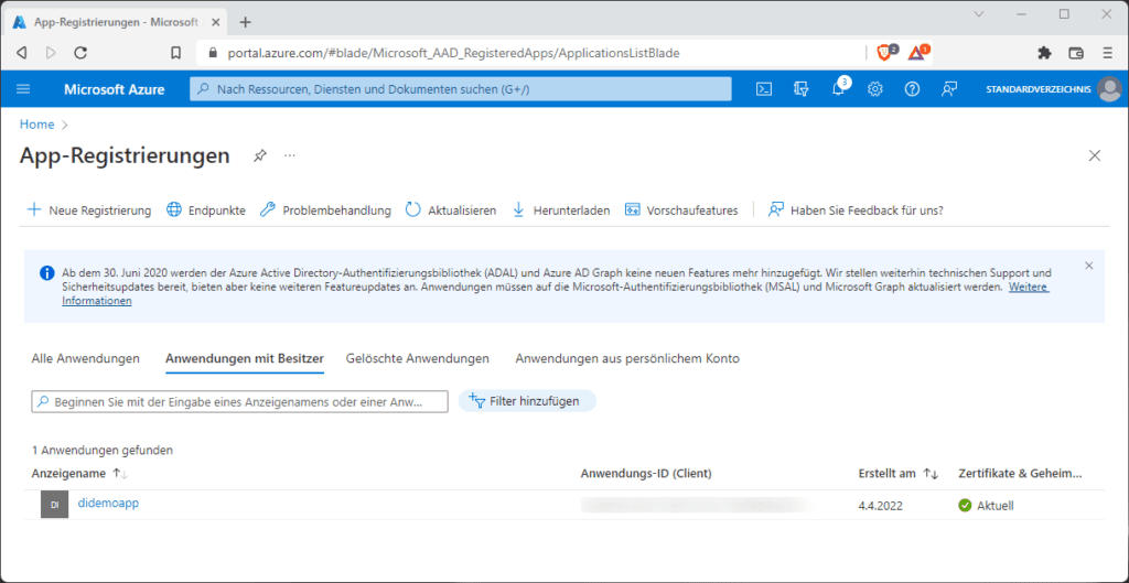 App-Registrierungen haben auch ein eigenes Menü im Azure-Portal.