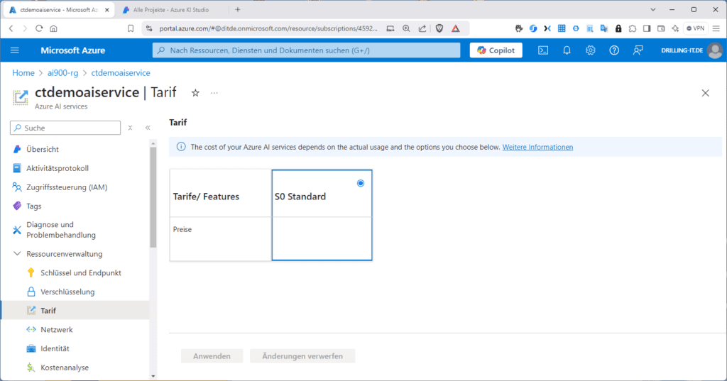 Der „Tarifplan“ ist eine Eigenschaft der jeweiligen Azure-AI-Ressource