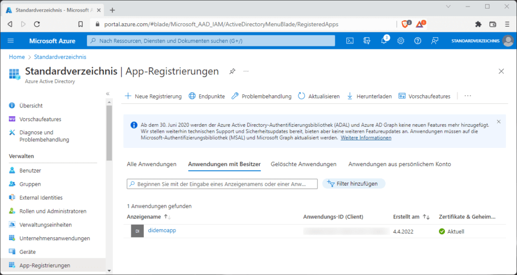 App-Registrierungen im Azure AD.
