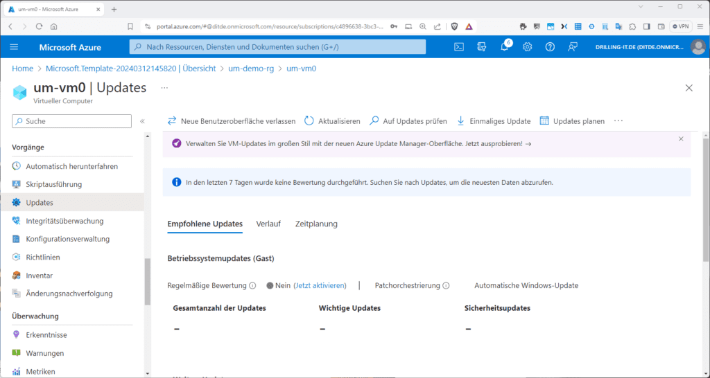 Screenshot einer Seite mit Microsoft Azure-Updates für virtuelle Maschinen, mit Registerkarten für empfohlene Updates, Zeitplan und verschiedene Update-Kategorien.
