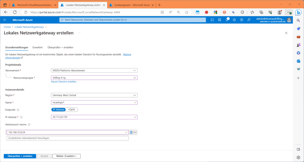 Das Lokale Netzwerkgateway spiegelt die Konfiguration deines OnPremise-Gerätes in Azure.