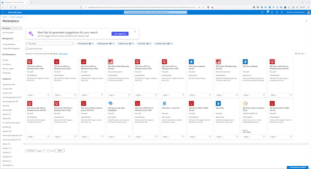 Du findest die gleichen SQL-Server-Images für virtuelle Maschinen auch im Marktplatz