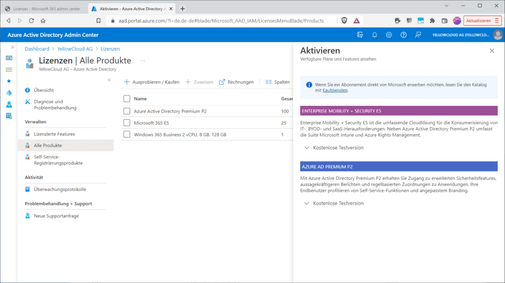 Eine azure-AD-P2-Testversion erwerben.