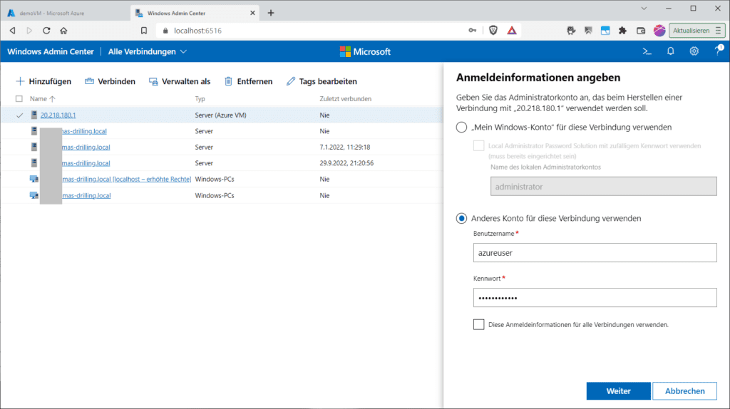 Das Anmelden bei der Azure-VM mit einem Nicht-Domänen-Konto.