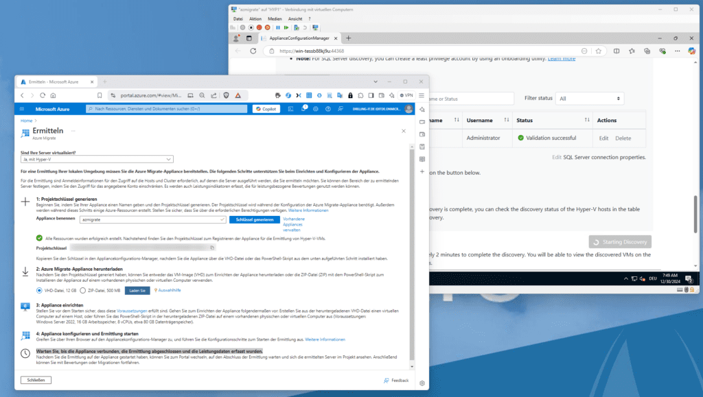 Zwei sich überlappende Computerfenster, die eine Microsoft Azure-Anleitung und eine Einstellungsseite auf einem blauen Desktop-Hintergrund zeigen.