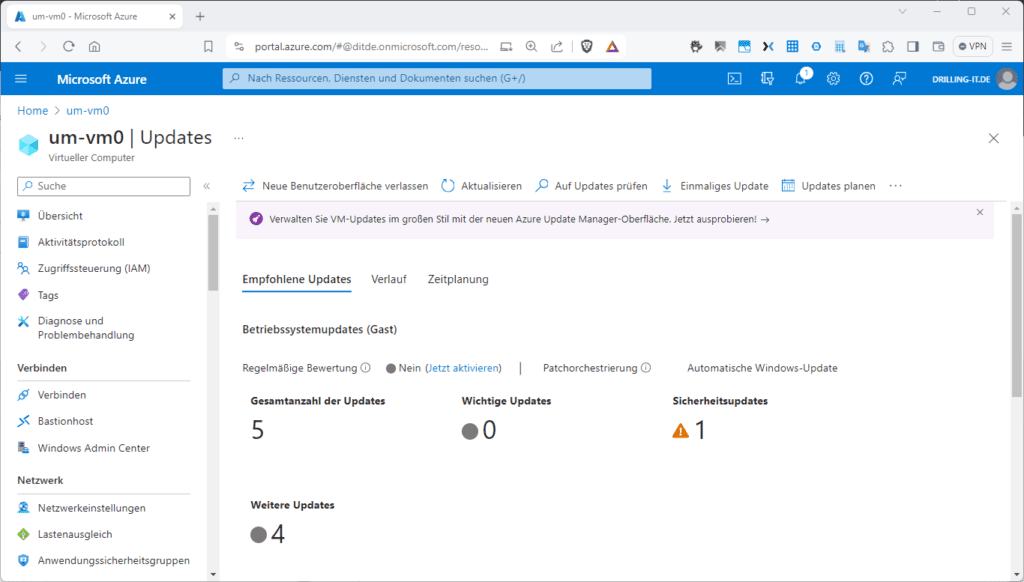 Screenshot der Microsoft Azure-Updates-Seite für eine virtuelle Maschine mit den Update-Kategorien: Gesamt, Wichtig, Sicherheit und andere.