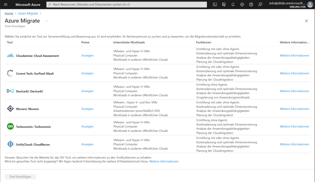 Für das „Bewerten“ von Migrationen kann entweder „Azure Migrate: Discovery and assessment“ zum Einsatz kommen oder eines der zahlreichen unterstützten ISVs eingebunden werden.