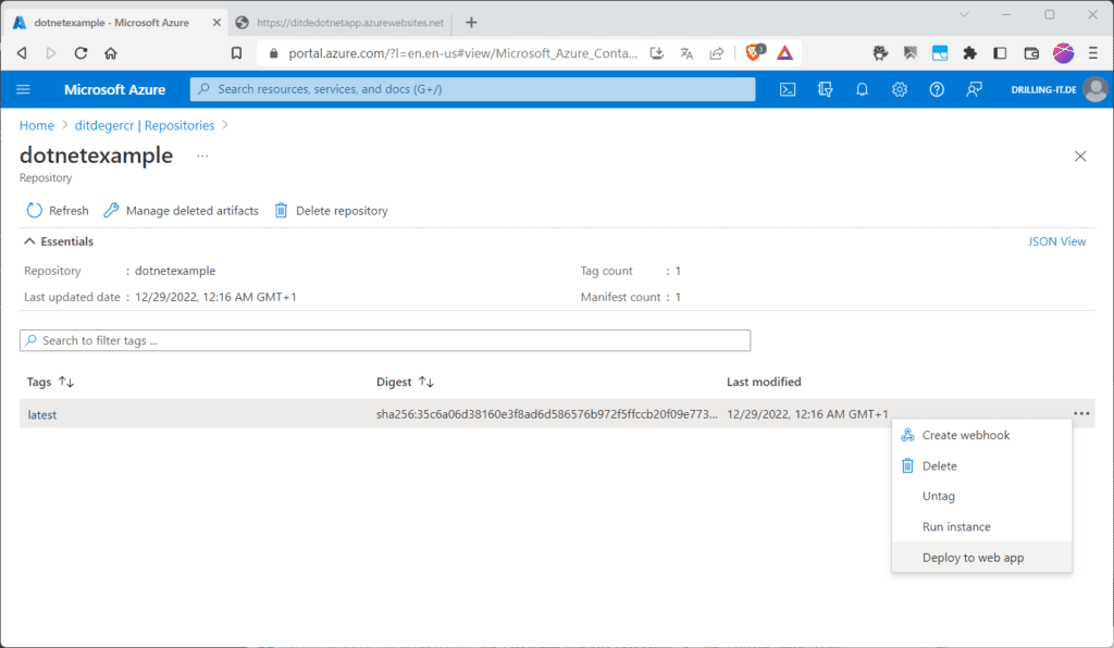 Das Bereitstellen einer Web App direkt aus der Container Registry.