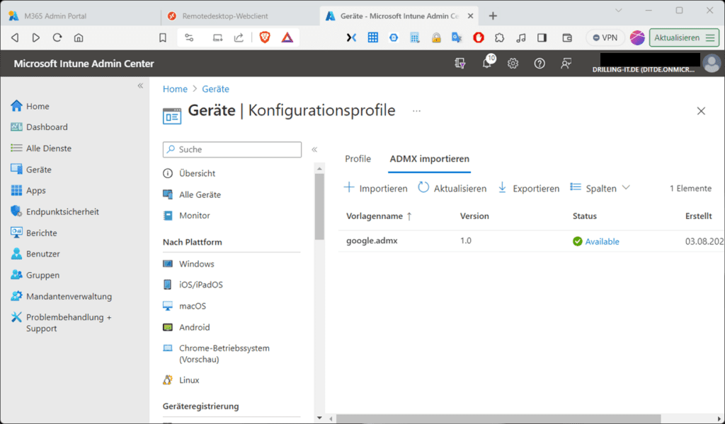 Intune unterstützt das Importieren von administrativen Vorlagen
