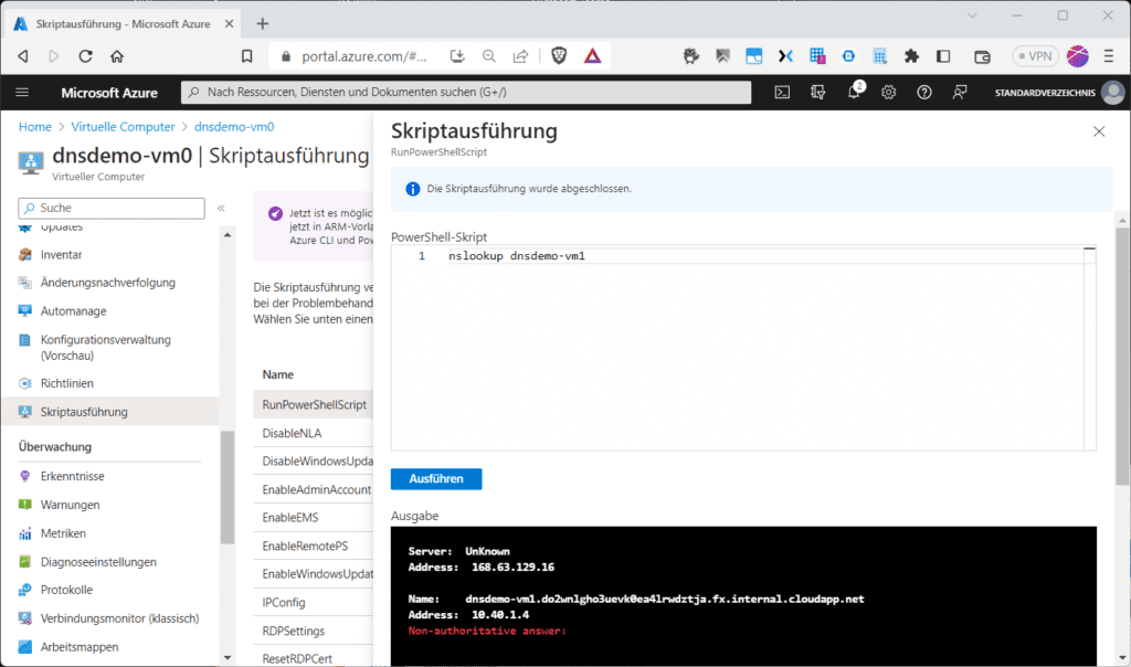 Interne Namensauflösung innerhalb eines Azure-VNETs funktioniert bei Azure per Default auch ohne FQDN.