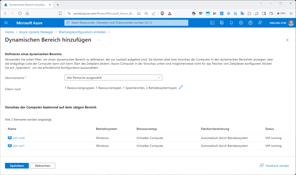 Screenshot der Microsoft Azure Update Manager-Oberfläche mit Optionen zum Hinzufügen eines dynamischen Bereichs und zur Auswahl von Ressourcentypen.