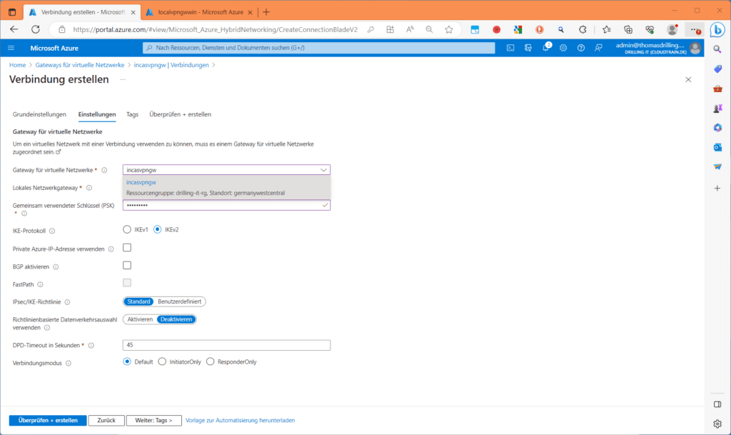 Erstellen einer „Verbindung“ im Azure-VPN-Gateway.