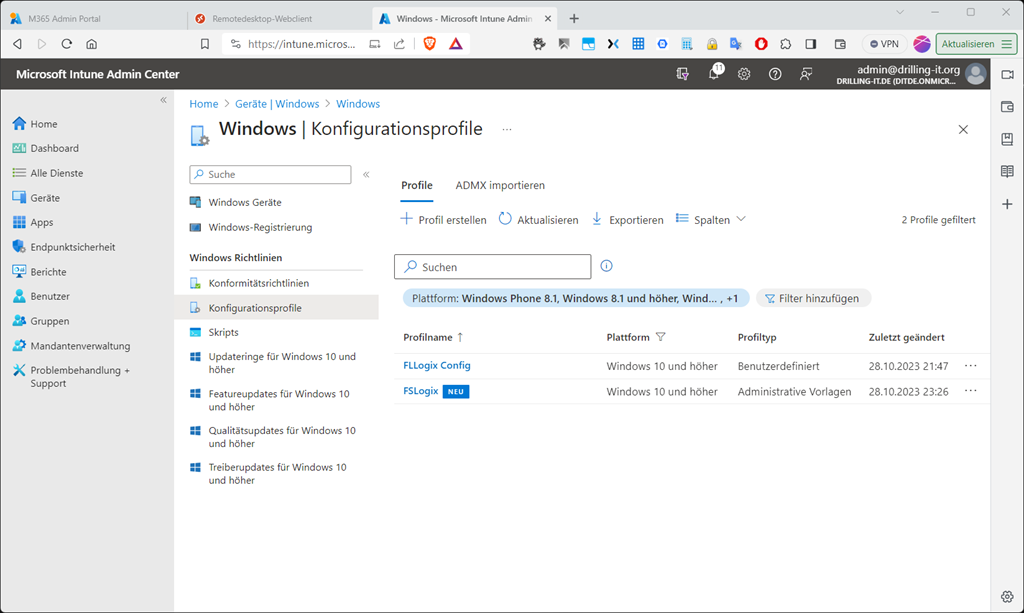 Intune bietet theoretisch zwei Wege, FSLogix über Konfigurationsprofile zu steuern