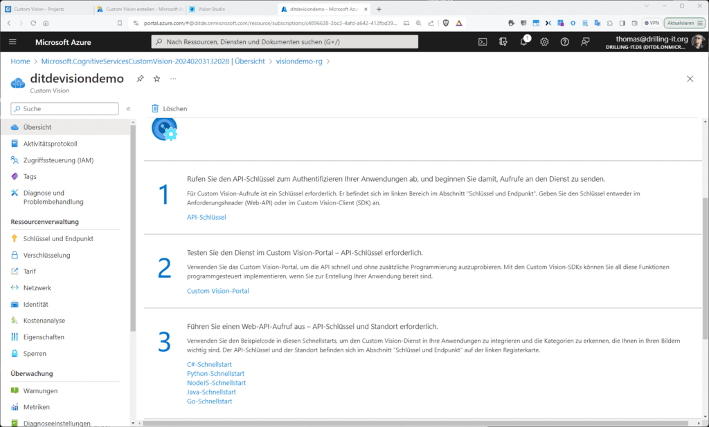 Screenshot einer Microsoft Azure-Portalseite, der die Schritte zum Einrichten einer benutzerdefinierten Vision-API mit zugehörigen Links und Optionen zeigt