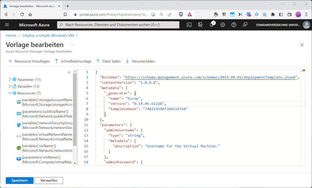 Jedes ARM-Template kann bei Bedarf vor der Bereitstellung im Editor bearbeitet werden.