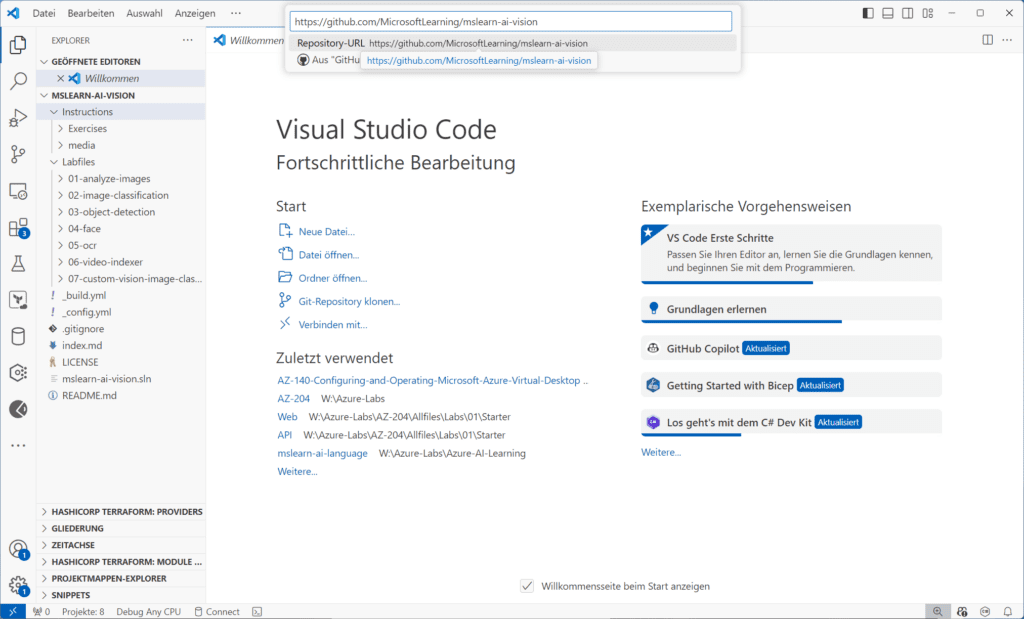 Visual Studio Code-Oberfläche in deutscher Sprache mit Eingabe der Repository-URL, Seitenleiste mit Datei-Explorer und Setup-Anweisungen auf dem Hauptbildschirm.