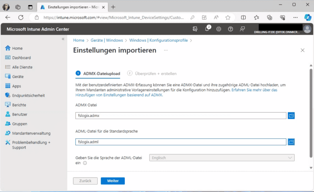 Wählen die zugehörigen GPO-Templates zum Upload aus