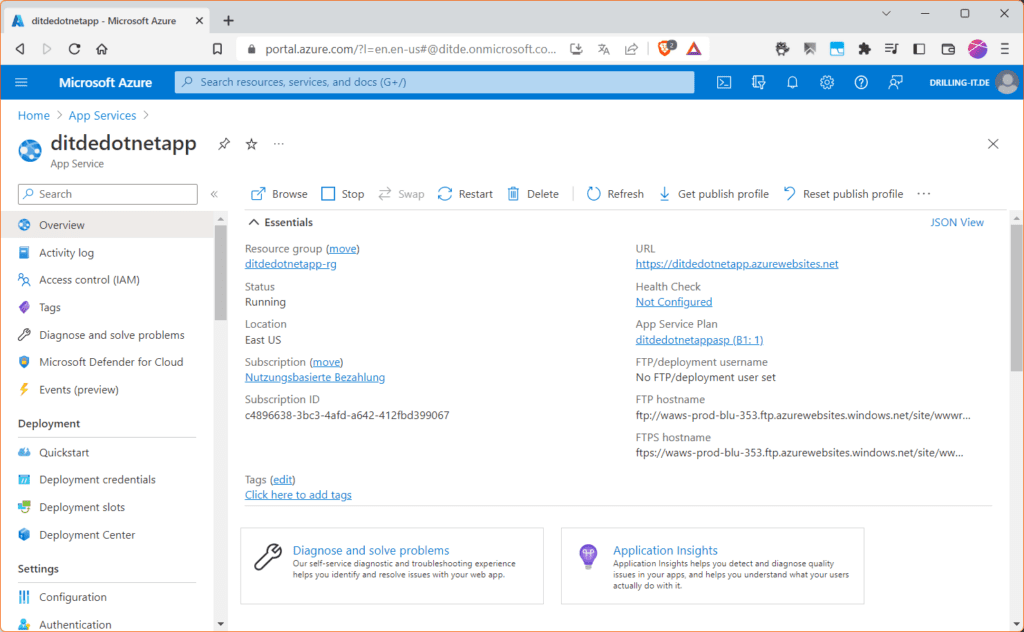 Der neu erzeugte App Service im Azure-Portal.