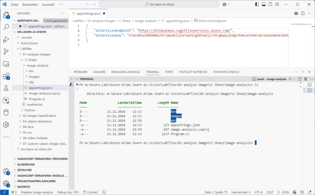 Visual Studio Code-Oberfläche, die ein C#-Projekt mit geöffneten Dateien, einem Terminal, das den Verzeichnisinhalt anzeigt, und JSON-Konfigurationsdetails zeigt.