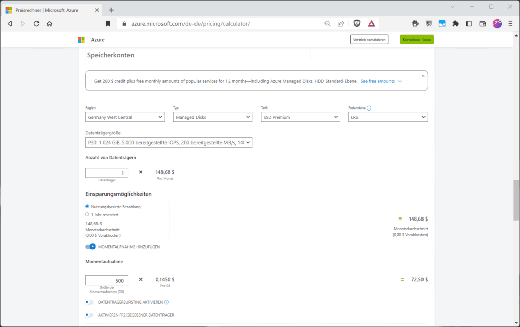 Ein Snapshot der Data-Disk hilft bei der schnellen Widerherstellung von Daten.