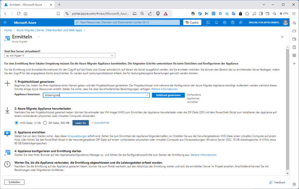 Benennen des logischen Objektes „Azure Migrate Appliance“ und der Anschließende Download der VM