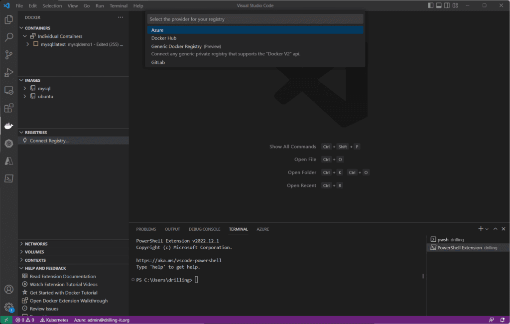 VS-Code-Zugriff auf Container-Registries, hier in „Azure“.