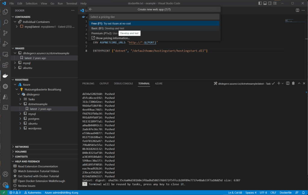 Die zur Bereitstellung benötigten Entitäten in Azure (Resource Group, App Service Plan usw.) können direkt bei der Bereitstellung aus VS Code in Azure angelegt werden.
