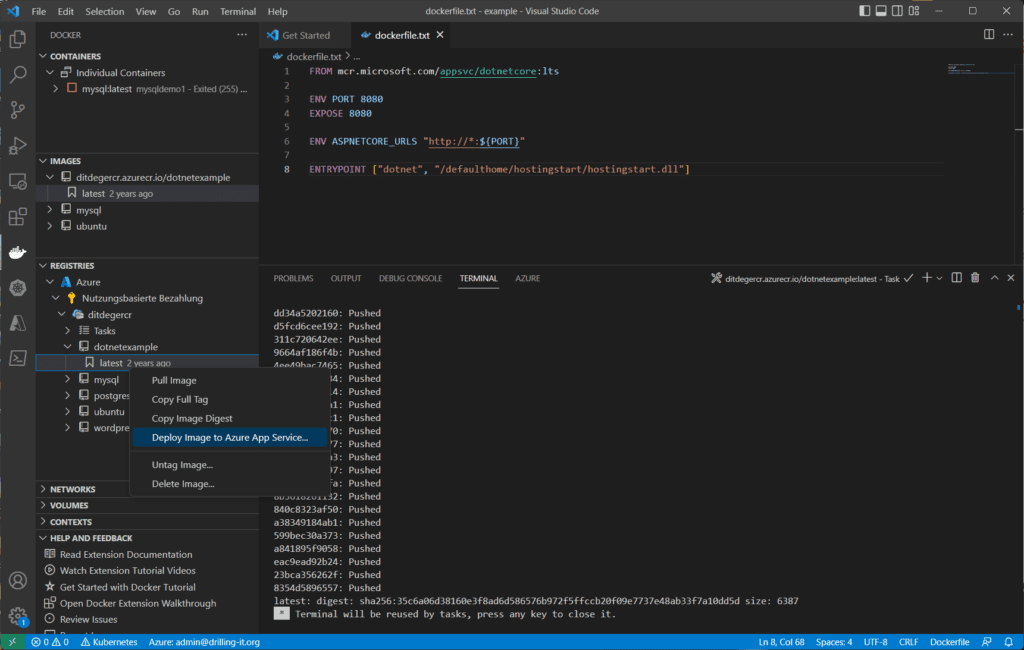 Das Deploymen ein Images auf den Azure App Service lässt sich direkt aus VS Code anstoßen.