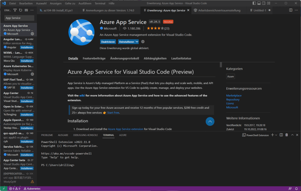 Du benötigst die App Service Extension für VS Code.