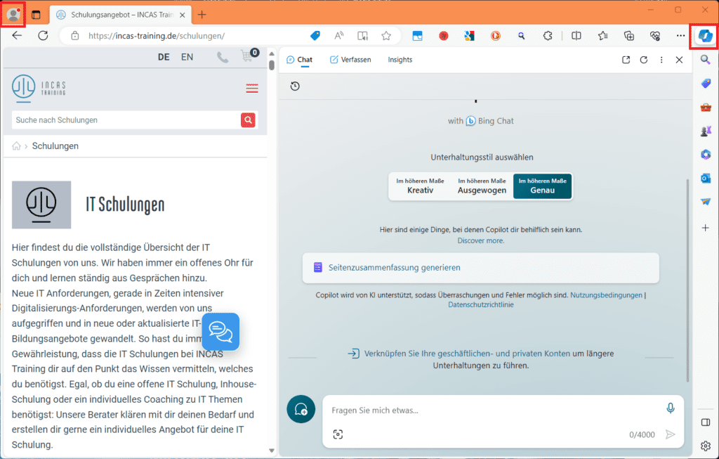 Der Bing Copilot in Edge mit Seitenleiste