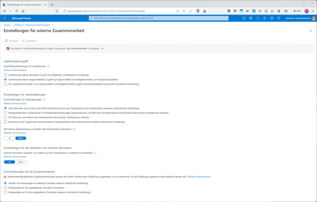 Azure-AD-übergreifend lassen sich der Umfang dessen, was Gäste pauschal dürfen (unabhängig von deren RBAC-Zuweisungen) und die Einstellungen für Gasteinladungen konfigurieren.