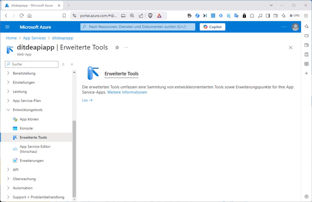 Screenshot des Microsoft Azure-Portals mit der Seite „Erweiterte Tools“ mit Navigationsmenü auf der linken Seite und Toolbeschreibung auf der rechten Seite.