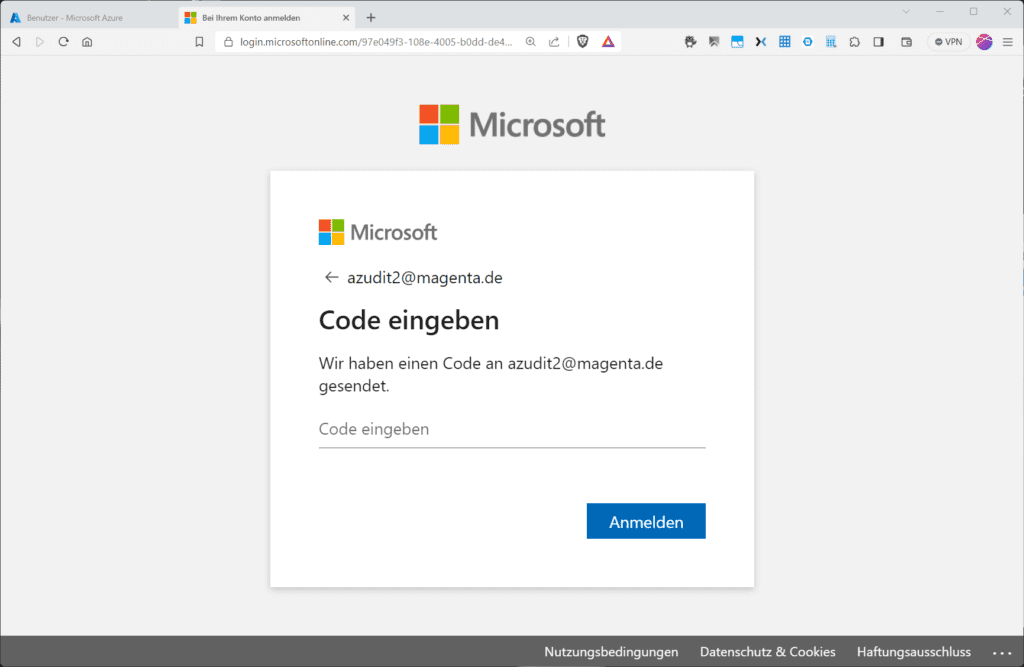 Aus Sicherheitsgründen ist zunächst ein Einmal-Code zu bestätigen