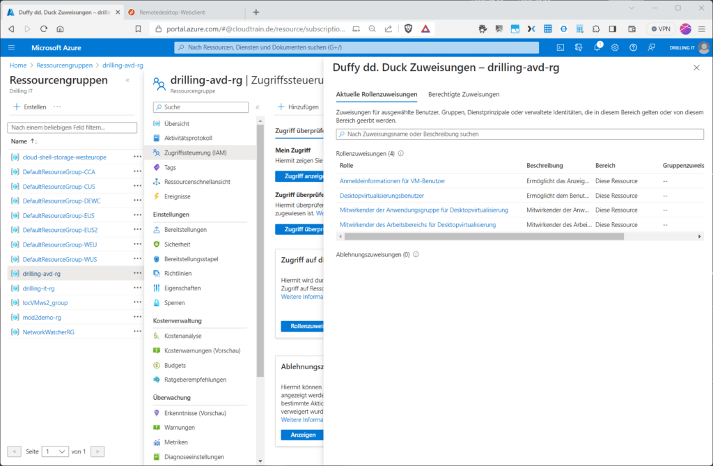 AzureAD-joined VMs benötigen beim RDP-Zugriff die Rolle „Anmeldeinformationen VM-Benutzer“.