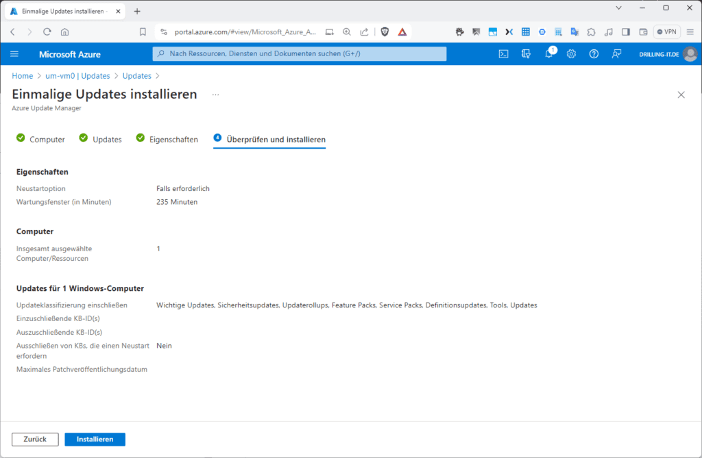 Screenshot einer Microsoft Azure-Seite mit Details zur Update-Installation, einschließlich Zeit, Computerinformationen und Update-Typen.