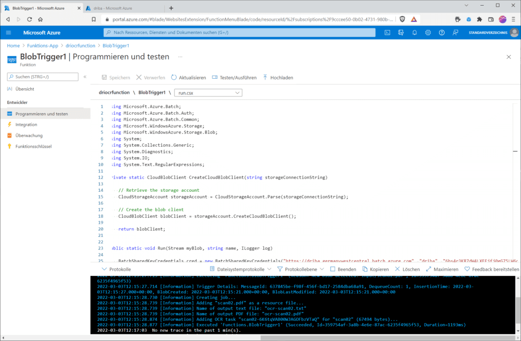 Die Logs zeigen das erfolgreiche Ausführen der Azure-Function.
