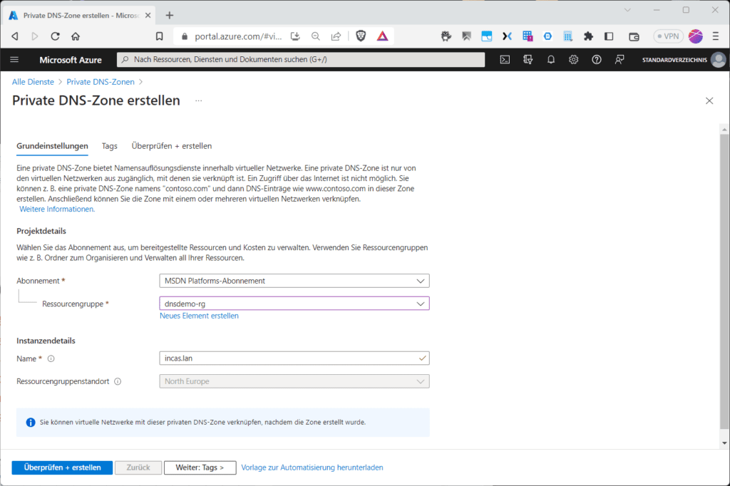 Das Erstellen einer privaten DNS-Zone in Azure