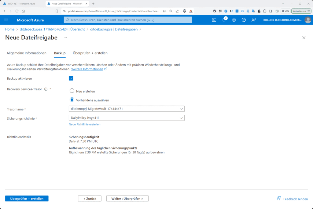 Das Sichern von Azure-Dateifreigaben lässt sich bereits beim Erstellen des Shares konfigurieren