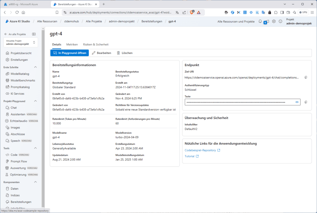 Screenshot eines Microsoft Azure-Portals mit Details für eine Ressource mit dem Namen „gpt-4“ und Registerkarten für Details, Metriken sowie Rollen und Sicherheit.